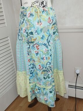 CAbi Boho Floral Maxi Skirt,‎ Whimsy, Size M, Drawstring And Zipper, Aqua